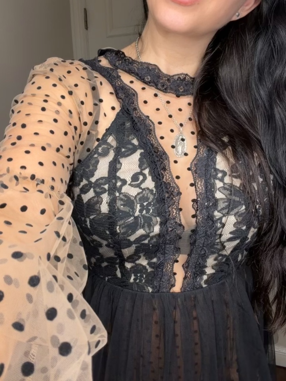 Black Lace Sheer Polka Dot Mesh Dress